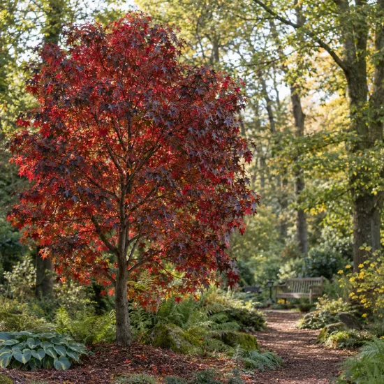 Copalme d'amérique 'Lane roberts' (Liquidambar styraciflua) — arbre au feuillage rouge vif dans un jardin · Photo d'illustration