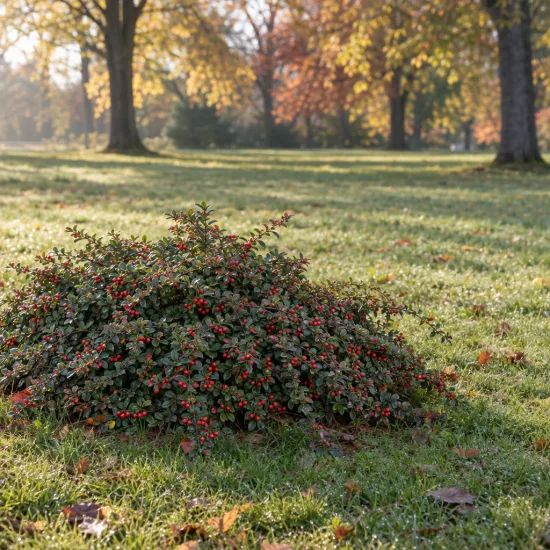 Cotoneaster rampant 'Green carpet' (Cotoneaster dammeri) — arbuste bas couvert de petites baies rouges · Photo d'illustration