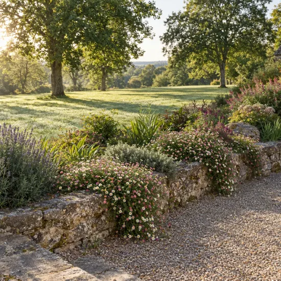 Erigeron 'Profusion' (Erigeron karvinskianus) — massif fleuri retombant sur muret en pierre · Photo d'illustration