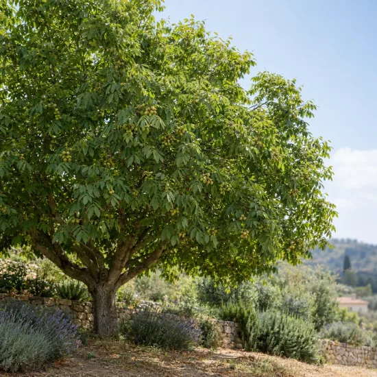 Noyer commun 'Jre 900 france' (Juglans regia) — grand arbre isolé dans un jardin méditerranéen · Photo d'illustration
