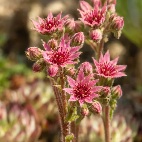 Joubarbe 'Chick charms lotus blossom' (Sempervivum) — petites fleurs étoilées roses en gros plan · Photo d'illustration
