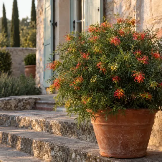 Grévilléa 'Joe mason' (Grevillea) — arbuste fleuri en pot sur marches en pierre