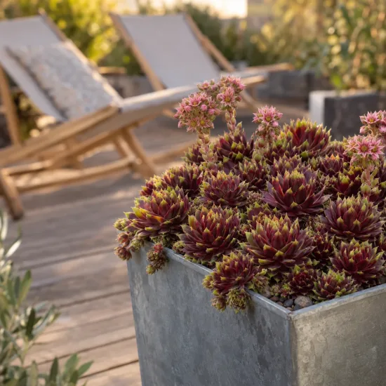Joubarbe à rosette bordeaux 'Cranberry cocktail' (Sempervivum) — succulente en pot métallique sur terrasse bois · Photo d'illustration