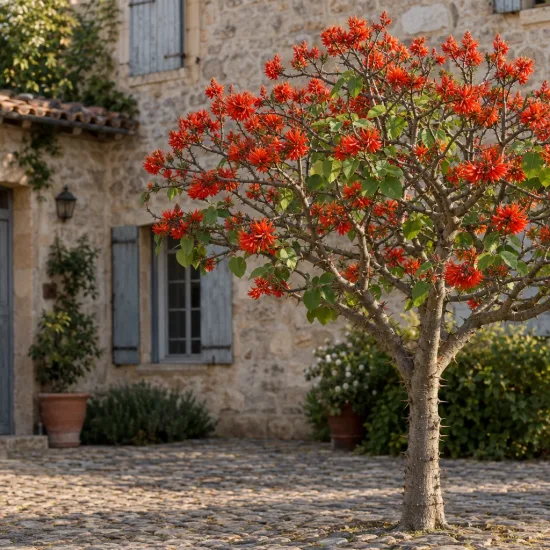 Erythrine caffre - arbre-corail (Erythrina caffra) — petit arbre fleuri devant maison en pierre · Photo d'illustration
