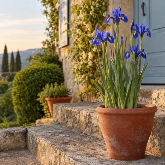 Iris de hollande 'Blue magic' (Iris × hollandica) — iris bleus en pot sur marches en pierre · Photo d'illustration