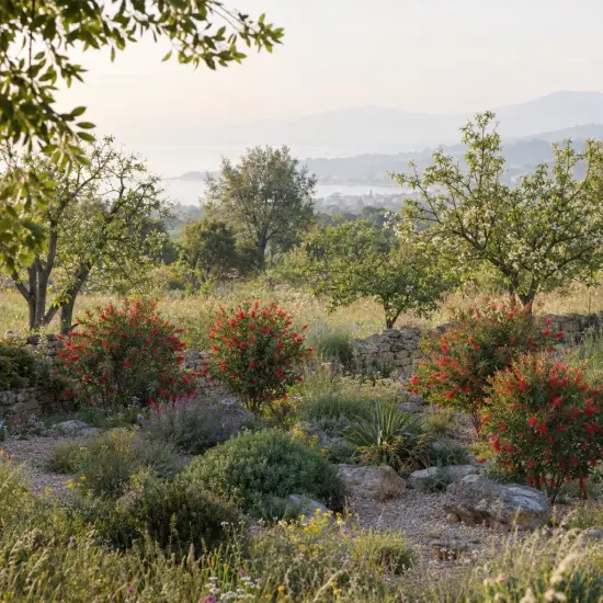 Rince-bouteilles 'Leavy' (Callistemon) — massif d’arbustes fleuris dans jardin méditerranéen
