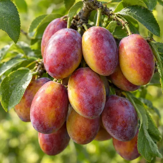 Prunier 'Victoria' (Prunus domestica) — gros plan sur grappe de fruits mûrs