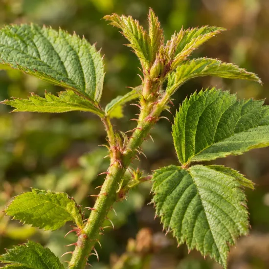 Ronce à fruits jaunes (Rubus xanthocarpus) — tiges épineuses avec jeunes feuilles vertes · Photo d'illustration