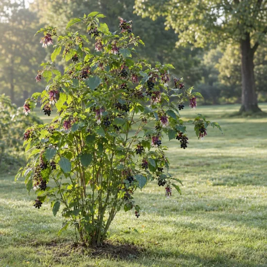 Arbre aux faisans (Leycesteria formosa) — grand arbuste fruité isolé sur pelouse ensoleillée · Photo d'illustration