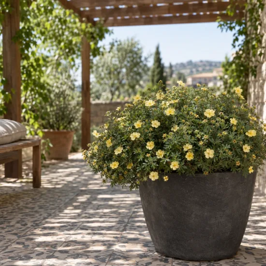 Potentille jaune clair 'Arbuscula' (Potentilla fructicosa) — arbuste à petites fleurs jaunes en pot sur terrasse · Photo d'illustration