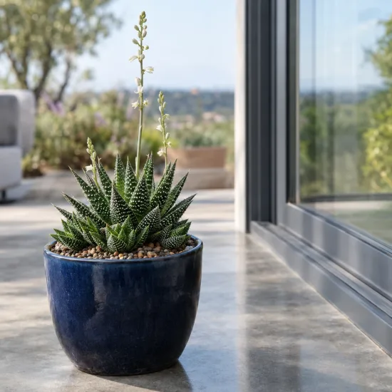 Succulente 'Concolor' (Haworthia fasciata) — succulente en pot bleu sur terrasse moderne · Photo d'illustration