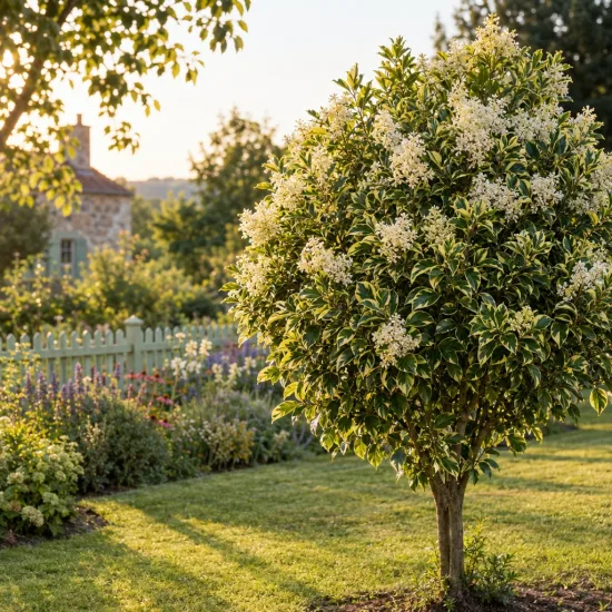 Troène luisant 'Excelsium superbum' (Ligustrum lucidum) — arbre ornemental panaché en fleurs dans un jardin · Photo d'illustration