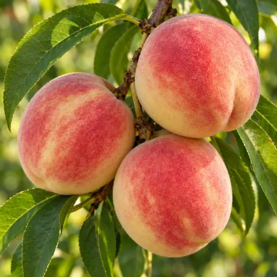 Pêcher 'Michelini' (Prunus persica) — gros fruits ronds bicolores parmi les feuilles