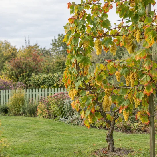 Vigne 'De table muscat d'alexandrie' (Vitis vinifera) — vigne palissée avec grappes de raisins jaunes · Photo d'illustration