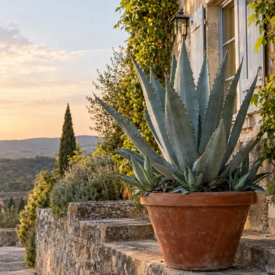 Agave d'amérique bleu 'Toliman blue' (Agave americana) — grande plante graphique en pot sur terrasse · Photo d'illustration