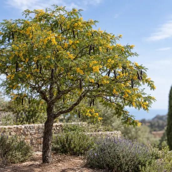 Mimosa du chili (Acacia) — arbre en fleurs avec longues gousses sombres