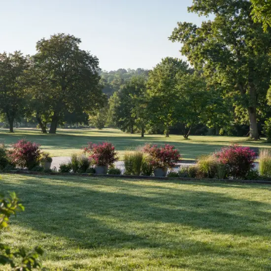 Lilas des indes 'Violet lord' (Lagerstroemia indica) — massif d’arbustes fleuris devant grand parc