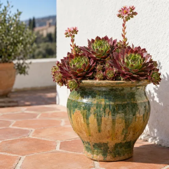 Joubarbe (Sempervivum × liparii) — succulente en pot vernissé sur terrasse ensoleillée · Photo d'illustration