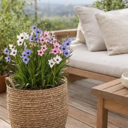 Fleur de babouin 'Kew garden' (Babiana stricta) — plante fleurie en panier tressé sur terrasse · Photo d'illustration
