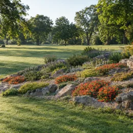 Pourpier vivace 'Nani forssmann' (Delosperma dyeri) — massif de vivaces fleuries sur talus rocheux · Photo d'illustration
