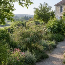 Indigotier rose (Indigofera heterantha) — massif de vivaces fleuries bordant un sentier gravillonné