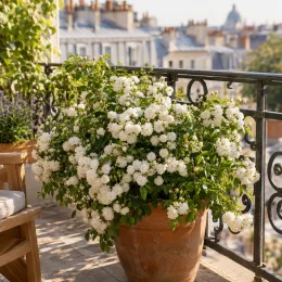 Rosier 'The fairy blanc' (Rosa) — massif de petites fleurs blanches sur balcon