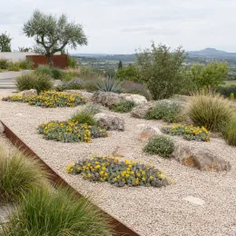 Cactée 'Golden carpet' (Opuntia basilaris) — massif minéral avec touffes fleuries jaunes et graminées · Photo d'illustration