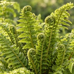 Fougère mâle 'Filix mas' (Dryopteris) — frondes de jeune fougère enroulées, gros plan · Photo d'illustration