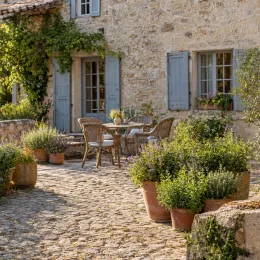 Menthe earl grey 'Earl grey' (Mentha × piperita) — terrasse en pierre avec pots de plantes aromatiques · Photo d'illustration