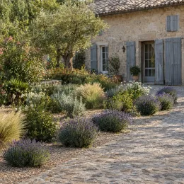 Lavande 'Munstead' (Lavandula angustifolia) — massif de plantes basses fleuries le long d'une allée · Photo d'illustration