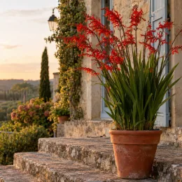 Montbretia rouge écarlate 'Lucifer' (Croscosmia masoniorum) — plante à fleurs rouges en pot sur marches · Photo d'illustration