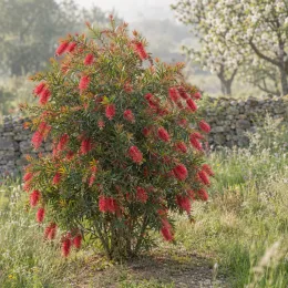 Rince bouteille 'Woodlander's hardy' (Callistemon rigidus) — arbuste fleuri aux longs épis rouges dressés · Photo d'illustration