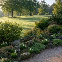 Lis zéphyr (Zephyranthe candida) — massif fleuri en bord de chemin de jardin · Photo d'illustration