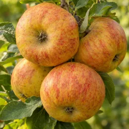 Pommier 'Reinette du normande' (Malus domestica) — gros plan de plusieurs pommes sur l’arbre