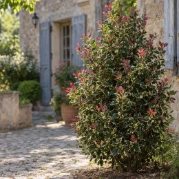 Houx commun panaché 'Ingramii' (Ilex aquifolium) — arbuste touffu au feuillage panaché près d'une maison · Photo d'illustration