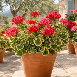 Géranium zonal panaché 'Gazelle' (Pelargonium) — massif de fleurs rouges au feuillage panaché