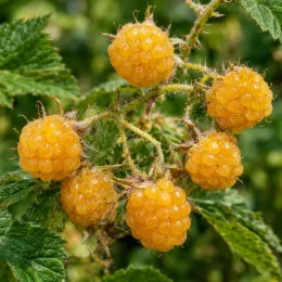 Ronce à fruits jaunes (Rubus xanthocarpus) — grappe de framboises jaunes mûres sur feuillage vert · Photo d'illustration