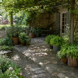 Fougère de boston rustique 'Artic jungle' (Nephrolepsis cordifolia) — terrasse ombragée avec fougères et autres plantes en pot · Photo d'illustration