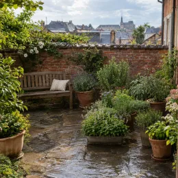 Menthe fraise 'Strawberry mint' (Mentha spicata) — cour intérieure pavée avec nombreux pots de plantes · Photo d'illustration