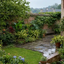 Gingembre coquille panaché 'Variegata' (Alpinia) — jardin luxuriant avec massifs autour d’une allée pavée · Photo d'illustration
