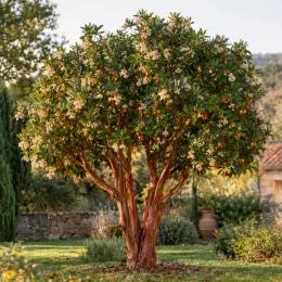 Arbousier de chypre (Arbutus andrachnoides) — arbre isolé au tronc brun épluché, jardin