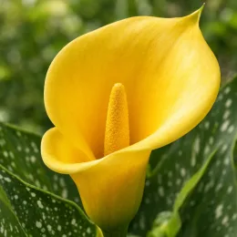 Calla jaune (Zantedeschia elliottiana) — fleur en trompette jaune vif, gros plan · Photo d'illustration