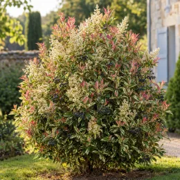 Troène du japon 'Briquinze' (Ligustrum japonicum) — arbuste arrondi au feuillage panaché fleurs et baies · Photo d'illustration