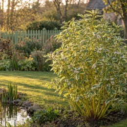 Cornouiller à bois jaune 'White and gold' (Cornus stolonifera) — grand arbuste lumineux près d'un bassin de jardin · Photo d'illustration