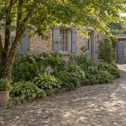 Lis plantain 'Twilight' (Hosta fortunei) — massif de vivaces ombragées devant maison en pierre · Photo d'illustration