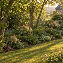 Andromède du japon 'Flaming silver' (Pieris japonica) — massif d’arbustes et vivaces sous de grands arbres · Photo d'illustration