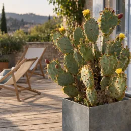 Cactée (Opuntia × curvispina) — cactus épineux fleuri dans grand bac sur terrasse · Photo d'illustration