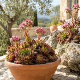 Joubarbe 'Blushing garnet' (Sempervivum) — succulente en rosettes avec fleurs roses en pot