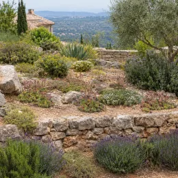 Succulente 'Zobra' (Sempervivum) — massif de plantes méditerranéennes sur restanques en pierre · Photo d'illustration