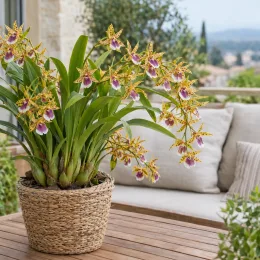 Orchidée 'Goodale moir' (Miltassia) — fleurs étoilées jaunes et violettes en pot tressé · Photo d'illustration